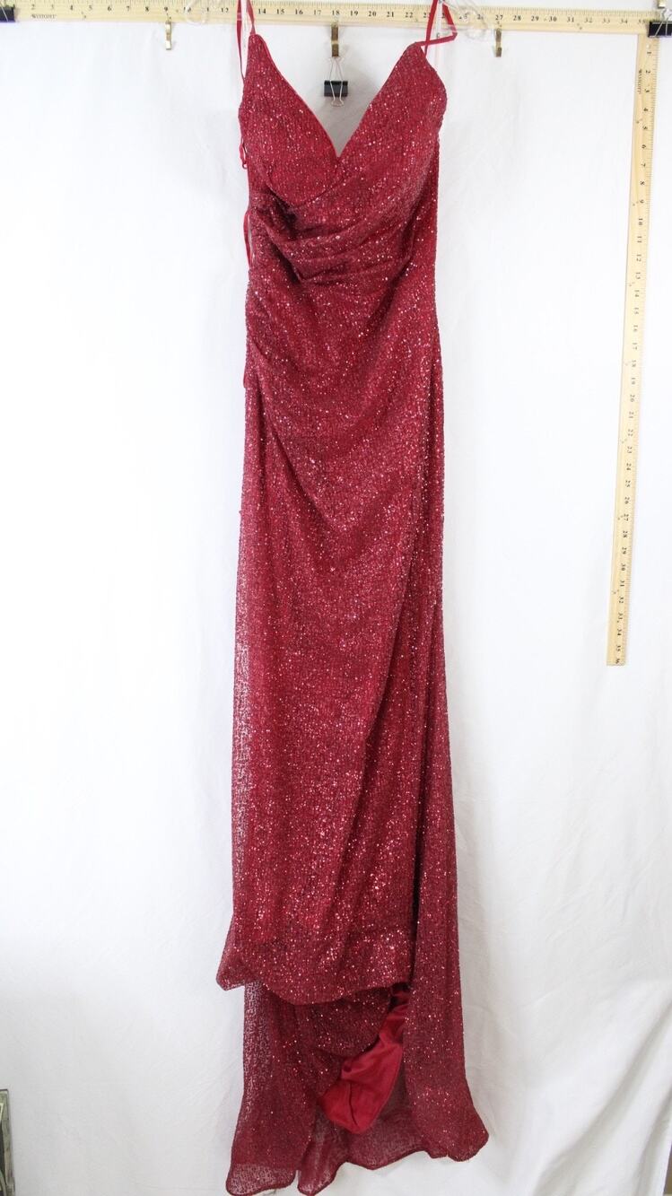 Elizabeth K GLS Prom Dress Womens Size M Red Glitter Mesh Beaded Lace Up Maxi OB